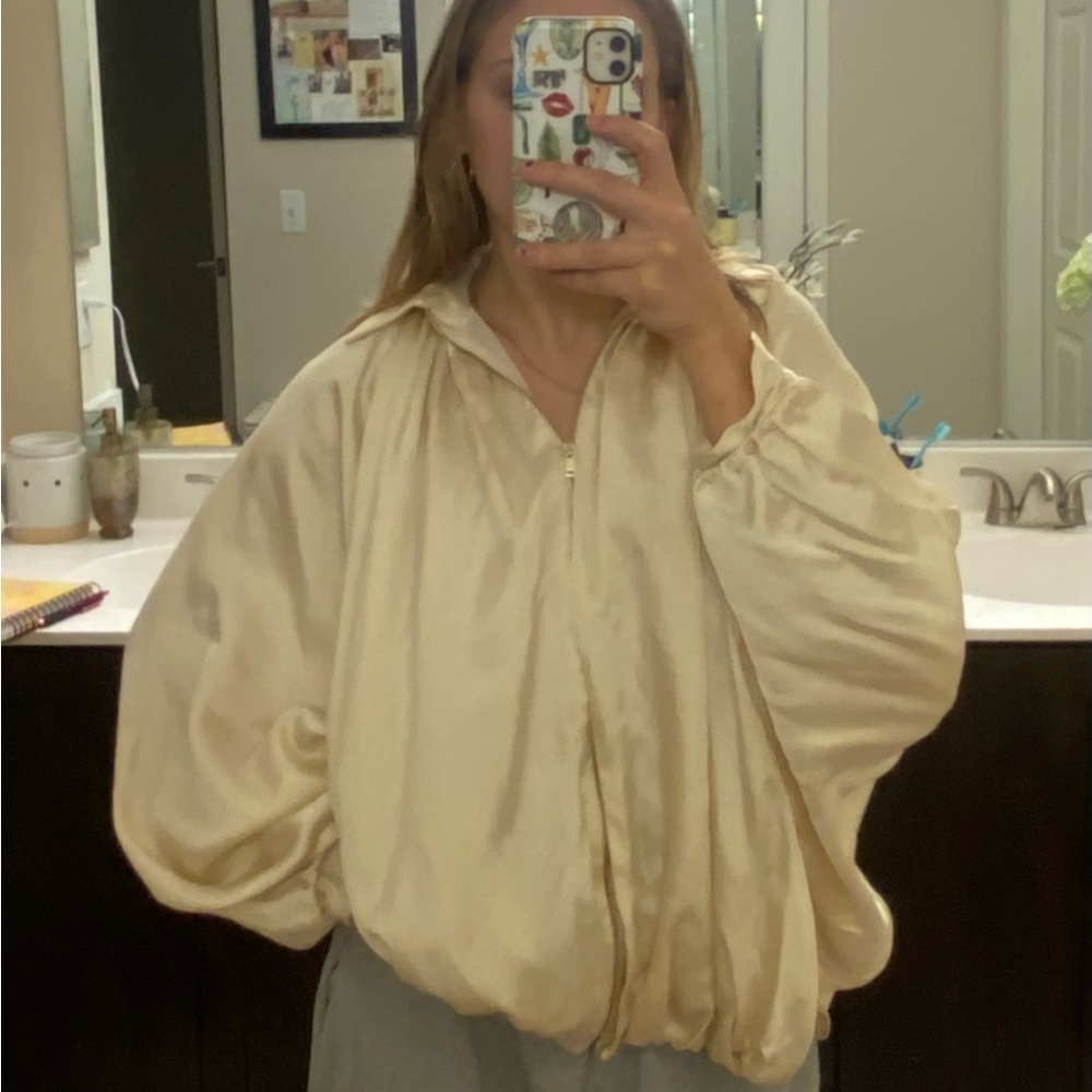 Zara Cream Satin Blouse with Gold Zip